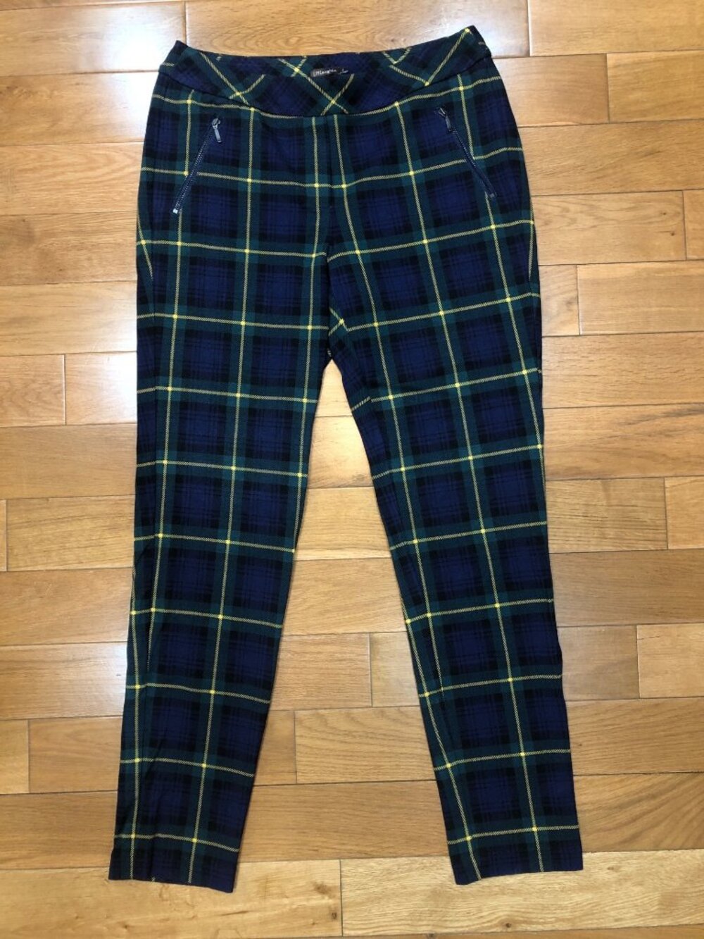 J.McLaughlin Plaid Trousers Size 4 Green Navy Blue Yellow Pull On Stretchy Slim